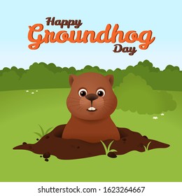 Happy Groundhog Day Vector Design with Cute Marmot Character