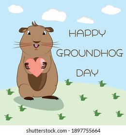 Happy Groundhog Day Vectordesign mit Cute Marmot Charakter sitzend auf grünem Gras unter dem blauen Himmel mit Wolken - Poster oder Flyer Template, Postkarte oder E-Mail