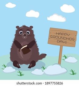 Happy Groundhog Day Vectordesign mit Cute Marmot Charakter sitzend auf grünem Gras unter dem blauen Himmel mit Wolken, mit einem Holzschild - Poster oder Flyer-Vorlage, Postkarte oder für E-Mail