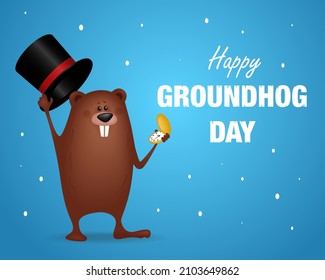 Happy Groundhog Day vector design for celebration on February 2. Template for greeting card or invitation. Funny cartoon illustration.