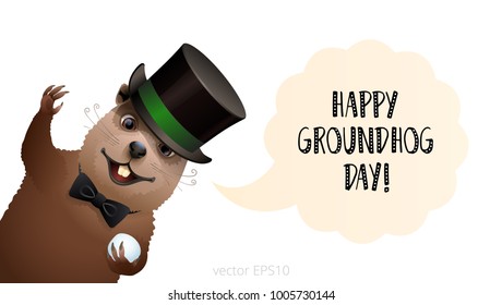 Happy Groundhog Day. Vector greeting card. Funny brown groundhog in the black topper hat looks out from the corner, waves hand and holds a snowball. Festive congratulatory text in the vintage bubble.