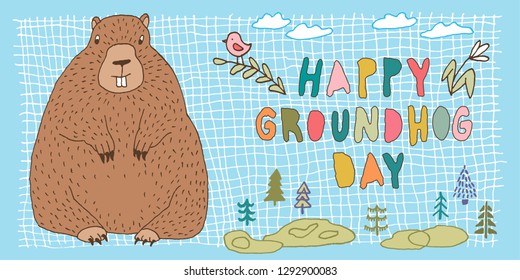 Happy Groundhog Day vector greeting card with hand drawn cute stylized groundhog, trees, branch, bird, flower, clouds, rectangular grid shape and lettering.