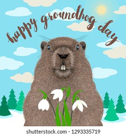 Happy Groundhog Day vector greeting card with cute groundhog, forest landscape and hand drawn lettering.