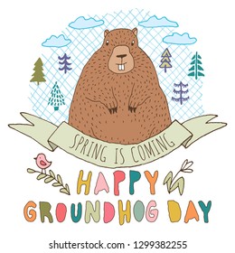 Happy Groundhog Day vector greeting card with hand drawn cute stylized groundhog, trees, branch, bird, flower, clouds, round grid shape, ribbon and lettering.