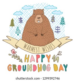 Happy Groundhog Day vector greeting card with hand drawn cute stylized groundhog, trees, branch, bird, flower, clouds, round grid shape, ribbon and lettering.