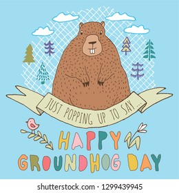 Happy Groundhog Day vector greeting card with hand drawn cute stylized groundhog, trees, branch, bird, flower, clouds, round grid shape, ribbon and lettering.