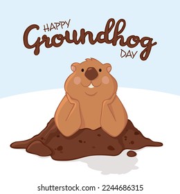 Happy Groundhog Day vector greeting card with cute groundhog