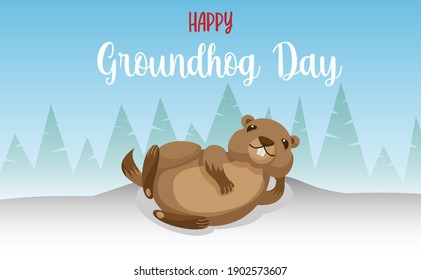 Happy Groundhog Day. Vector illustration with groundhog in landscape.