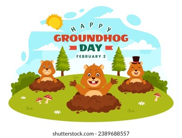 Happy Groundhog Day Vector Illustration on February 2 with a Groundhog Animal Emerged from the Hole Land and Garden in Background Cartoon Design