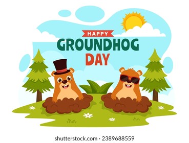 Happy Groundhog Day Vector Illustration on February 2 with a Groundhog Animal Emerged from the Hole Land and Garden in Background Cartoon Design