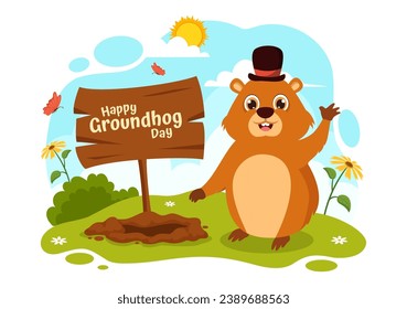 Happy Groundhog Day Vector Illustration on February 2 with a Groundhog Animal Emerged from the Hole Land and Garden in Background Cartoon Design