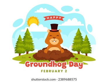 Happy Groundhog Day Vector Illustration on February 2 with a Groundhog Animal Emerged from the Hole Land and Garden in Background Cartoon Design