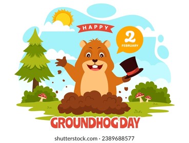 Happy Groundhog Day Vector Illustration on February 2 with a Groundhog Animal Emerged from the Hole Land and Garden in Background Cartoon Design