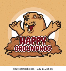 Happy Groundhog Day Vector Illustration emerged from the ground