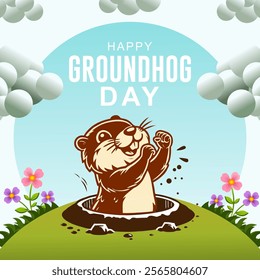 Happy Groundhog Day vector illustration with cute groundhog waking up. Happy Groundhog Day on February 2 with Cute Marmot Character and Garden Background Template