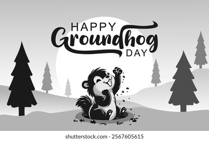 Happy Groundhog Day vector illustration with cute groundhog waking up and coming out of his burrow. Happy Groundhog Day on February 2. best for banner, card, poster and social media posts.