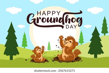 Happy Groundhog Day vector illustration with cute groundhog waking up and coming out of his burrow. Happy Groundhog Day on February 2. best for banner, card, poster and social media posts.