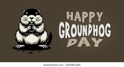 Happy Groundhog Day vector illustration with cute groundhog waking up and coming out of his burrow. Happy Groundhog Day on February 2. best for banner, card, poster and social media posts.