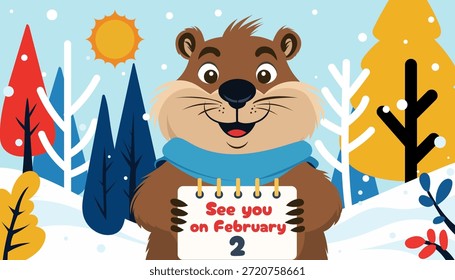 Happy Groundhog Day vector illustration. Cute cartoon marmot holding a sign for February 2nd in a snowy, colorful winter forest. Template for news, social media, celebration