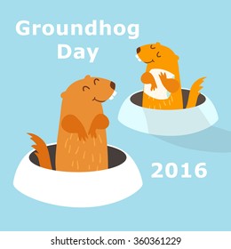 Happy Groundhog Day. Vector illustration with text. Two groundhogs peeking out of a hole in the ground