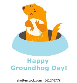 Happy Groundhog Day. Vector illustration isolated on white background. Groundhog peeking out of a hole in the ground