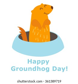 Happy Groundhog Day. Vector illustration isolated on white background. Groundhog peeking out of a hole in the ground