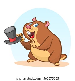 Happy Groundhog Day. Vector illustration with cartoon groundhog holding hat