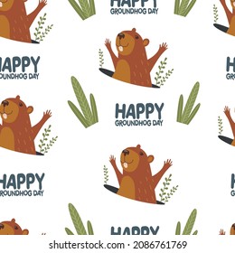 Happy Groundhog Day. Vector illustration.Groundhog and burrow. Banner, poster for printing.