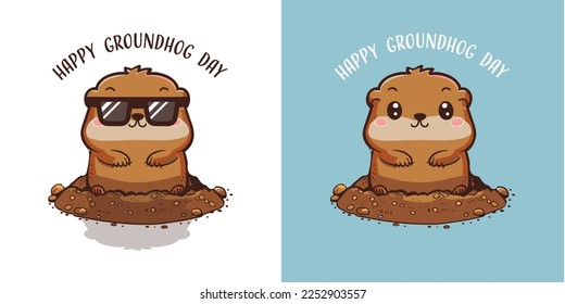 Happy Groundhog Day with Groundhog Vector. Kawaii style.
