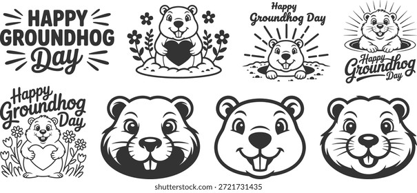 Happy Groundhog Day Vector Set Cute Groundhog Mascot Faces Typography Icons