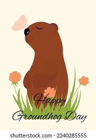 Happy Groundhog Day. Vector stock illustration. card with cute cheerful marmot.