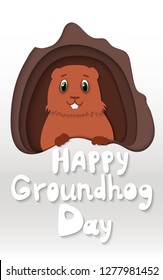 Happy Groundhog Day. White inscription with shadow. Cute Groundhog Day card as funny cartoon character of marmot . paper style.  paper cut. vector illustration.