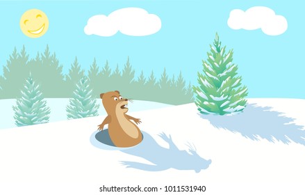 Happy Groundhog Day. Woodchuck got out of the hole and frightened of his shadow. Vector illustration EPS-8.
