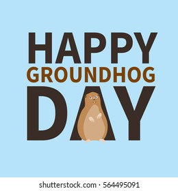 Happy groundhog day.logo, icon, cute happy Marmot ,perfect for greeting cards, invitations,posters,prints on T-shirt, wish text, vector illustration, isolated on a blue background