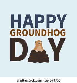 Happy groundhog day.logo, icon, cute happy Marmot emerged from burrows, perfect for greeting cards, invitations, posters, prints on T-shirt, wish text, vector illustration isolated on a background