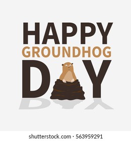 Happy groundhog day.logo,icon,cute frightened Marmot emerged from burrows, perfect for greeting cards,invitations,posters,prints on T-shirt, wish text, vector illustration,isolated on white background