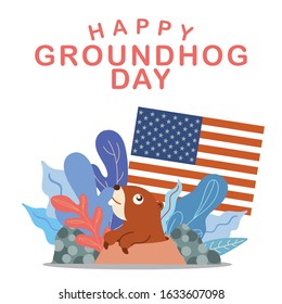 Happy Groundhog days isolated flat vector illustration clipart with a cheerful groundhog illustration and floral flower background national day.