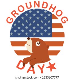 Happy Groundhog days isolated flat vector illustration clipart with a cheerful groundhog illustration and floral flower background national day event.