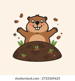 Happy Groundhog Emerging from Its Burrow
