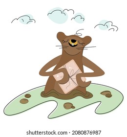 Happy groundhog with a gift. Happy Groundhog Day. After hibernation, a joyful marmot is ready to give gifts. Sale. Cute character is dreaming about a holiday. Vector isolated design Cartoon flat style