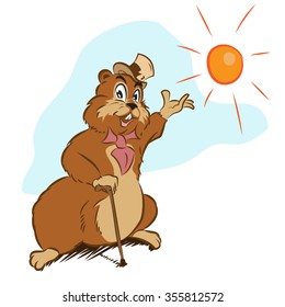 Happy Groundhog On His Day With Mayor Hat, Vector Illustration
