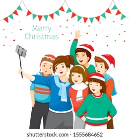 Happy Group Of Adolescent Taking Selfie Photo On Smartphone Together, Christmas Celebration, Merry Christmas, Xmas, Happy New Year, Objects, Festive