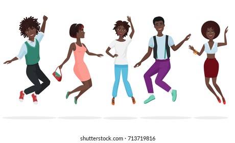 Happy Group Of African American Teamwork Friends Jumping. Cartoon Jump Black People Character Vector Illustration.