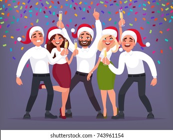 Happy group of business people at a Christmas and New Year's corporate party. Vector illustration in cartoon style