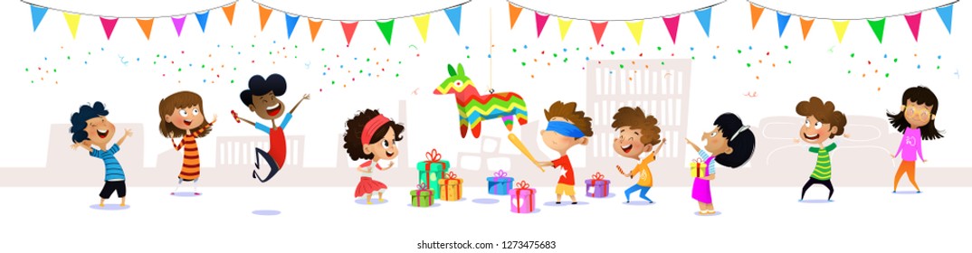 Happy group of cartoon children having fun at birthday party. Seamless children's panorama for your design. Template for advertising brochure. Vector