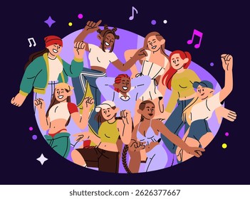 Happy group celebrating festival. Dancing people at birthday party. Young friends smiling in headphones. Music for joyful character. Cheerful guys and girls in bright clothes, vector illustration