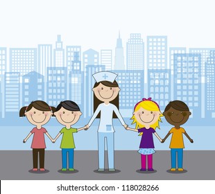 happy group children with doctor, team. vector illustration