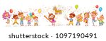 Happy group of children having fun at birthday party. Little girl is going to broke the pinata. Seamless children's panorama for your design. Template for advertising brochure. Funny cartoon character