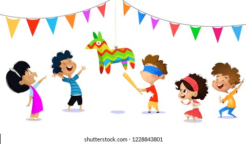 Happy group of children having fun at birthday party. Template for advertising brochure. Funny cartoon character