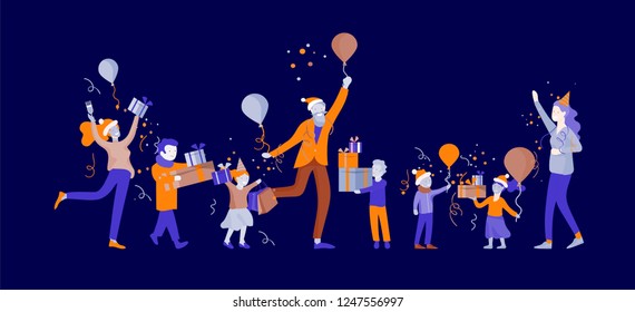 Happy group of children having fun at birthday party. Happy Christmas Day Celebrating together happy. Group of cartoon people in Santa hats and children. Jump and throw gift